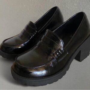 Black Patent Chunky Heel Loafers - Women's Dress Shoes